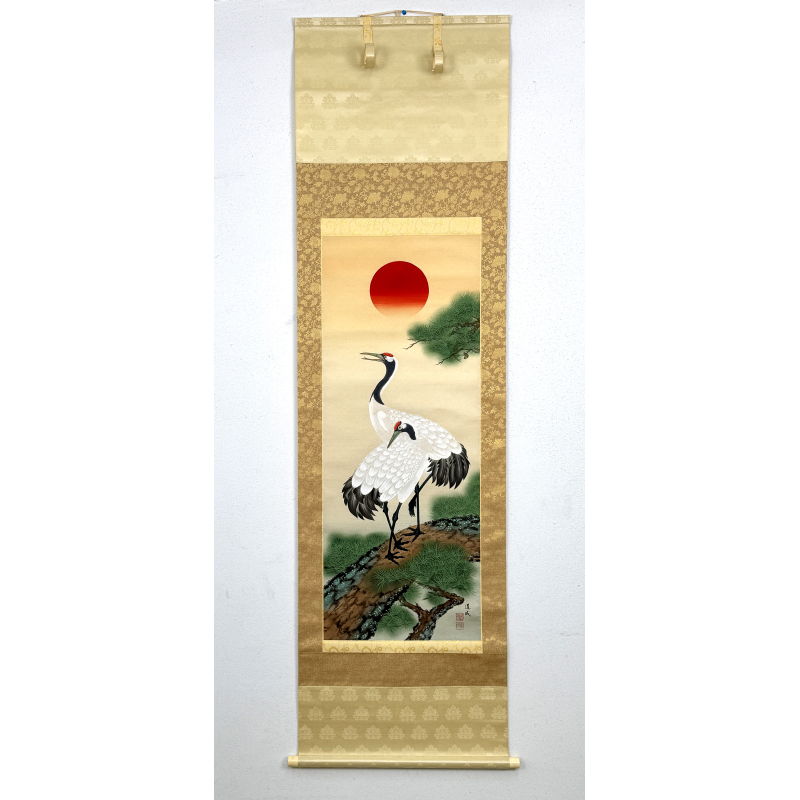 Kakemono pintura antigua japonesa 100 crane and sun