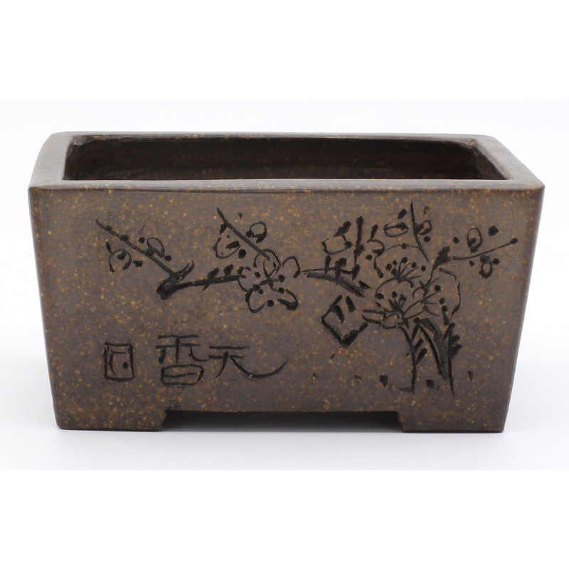 bonsai pot MN484 rectangular carved decoration frontal view