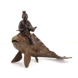 Japanese antique iron figure FIG07 koi and monk