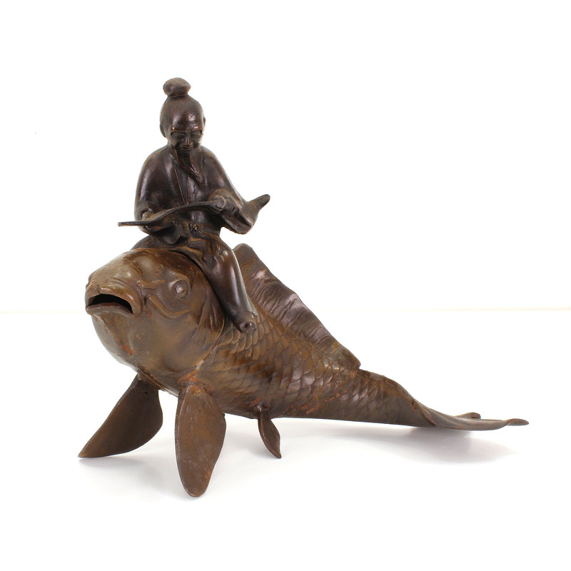 Japanese antique iron figure FIG07 koi and monk
