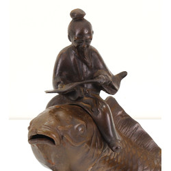 Japanese antique iron figure FIG07 koi and monk view 2